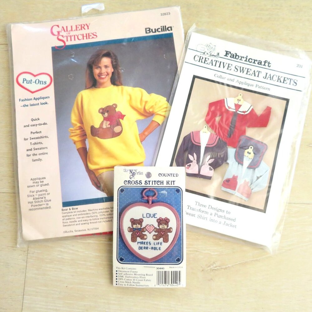 Vintage Lot of 3 Crafts Kits Fabric Appliques Patterns Counted Cross Stitch Kit
